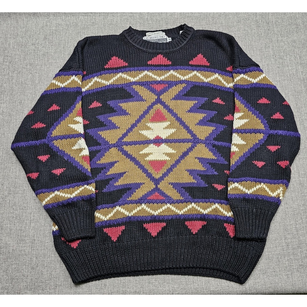 VINTAGE Members Only Sweater Mens XL Black Aztec Tribal Geometric Knit 80s
